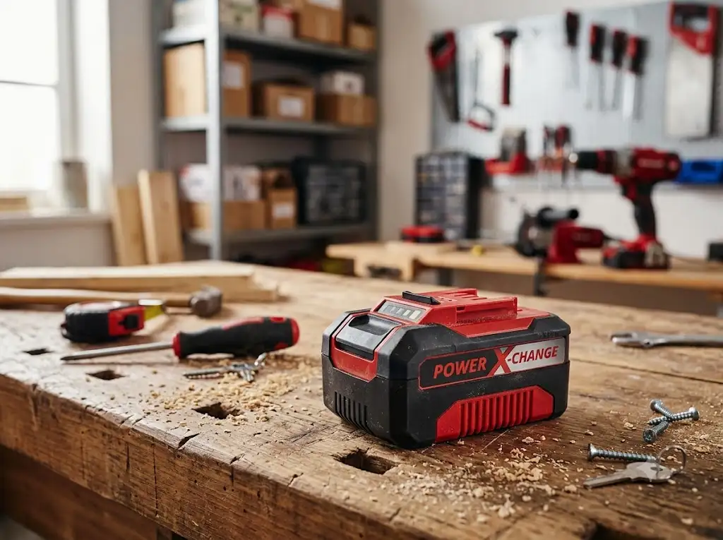 Batterie 18V de la plateforme Einhell Power X-Change posée sur un établi d'atelier de bricolage