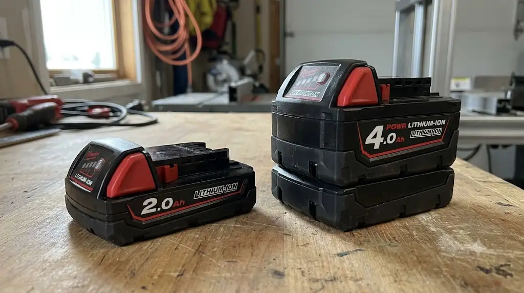 Comparatif côte à côte entre une batterie outillage 2.0Ah compacte et un modèle 4.0Ah haute capacité. (batterie outillage 2.0ah 4.0ah)