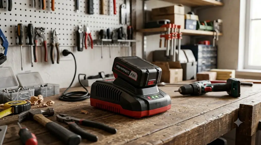 Chargeur rapide de batterie pour outillage électroportatif posé sur un établi d'atelier de bricolage. (chargeur rapide batterie outillage)