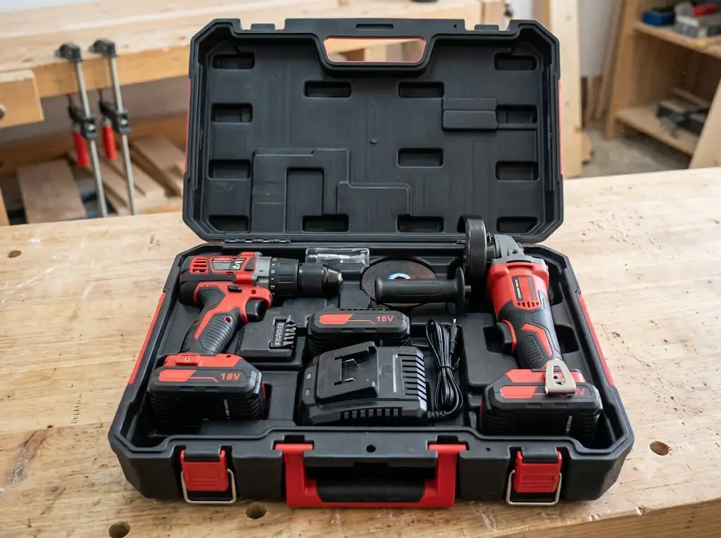 Pack 2 outils sans fil composé d'une perceuse-visseuse et d'une meuleuse d'angle dans leur coffret de transport