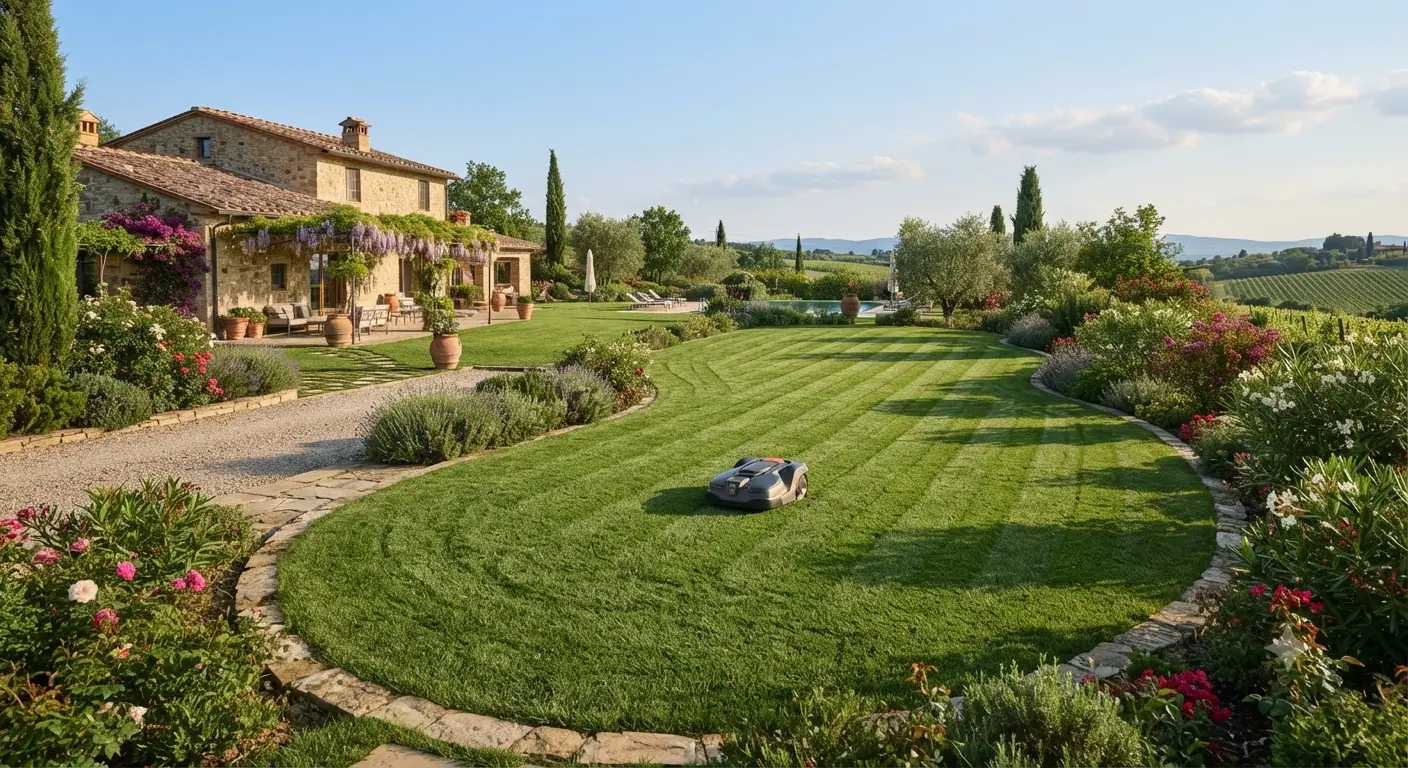 Panoramica di un prato all'inglese curato da uno dei migliori robot tagliaerba 2026 in un giardino residenziale italiano.